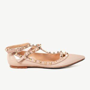 Valentino Garavani Poudre Rockstud Patent Leather Ankle Strap Ballerina Flats